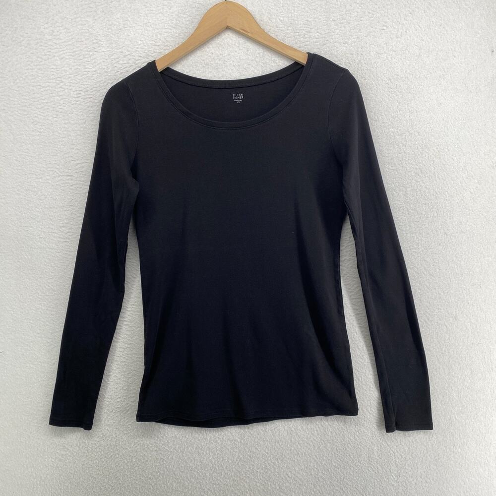 EILEEN FISHER Top XS Organic Cotton Ribbed Jersey Scoop Neck Long Sleeve Black